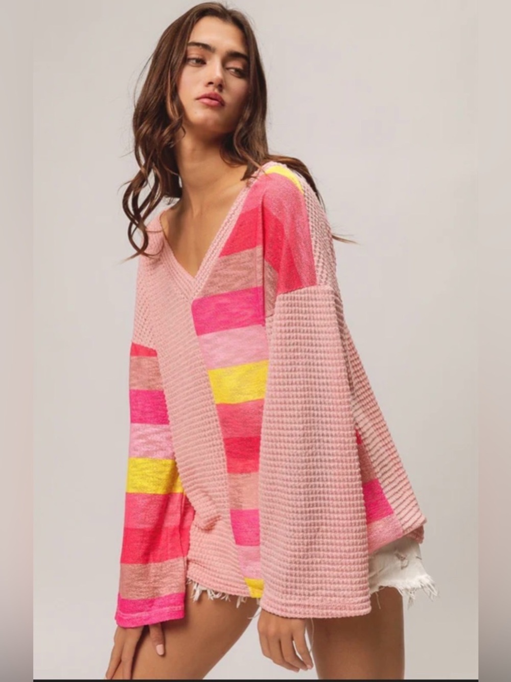NWOT BiBi Pink Waffle Knit Colorblock Striped Top Size Large Boho Oversized